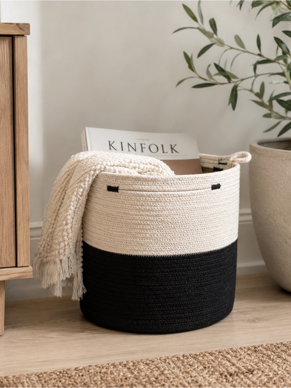 NEW Mia Melange African Foldable Cotton Basket Black Cream